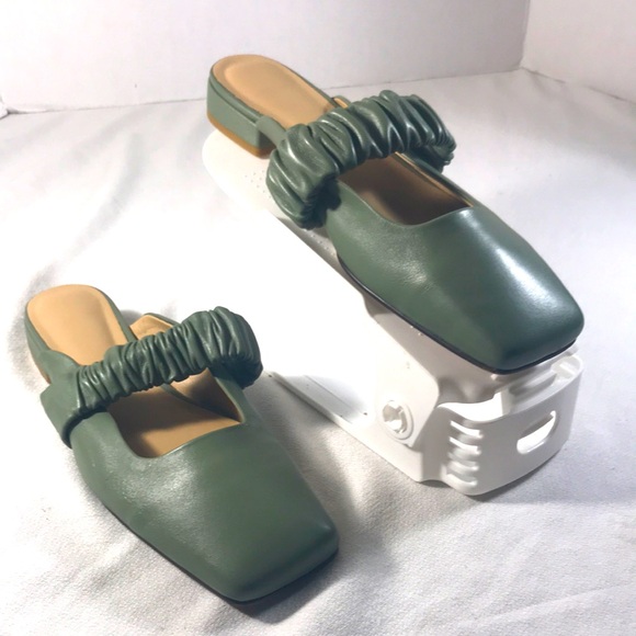 Sage Green Women's Square Toe Leather Slip-On Scrunchy Strap Ballet Flats